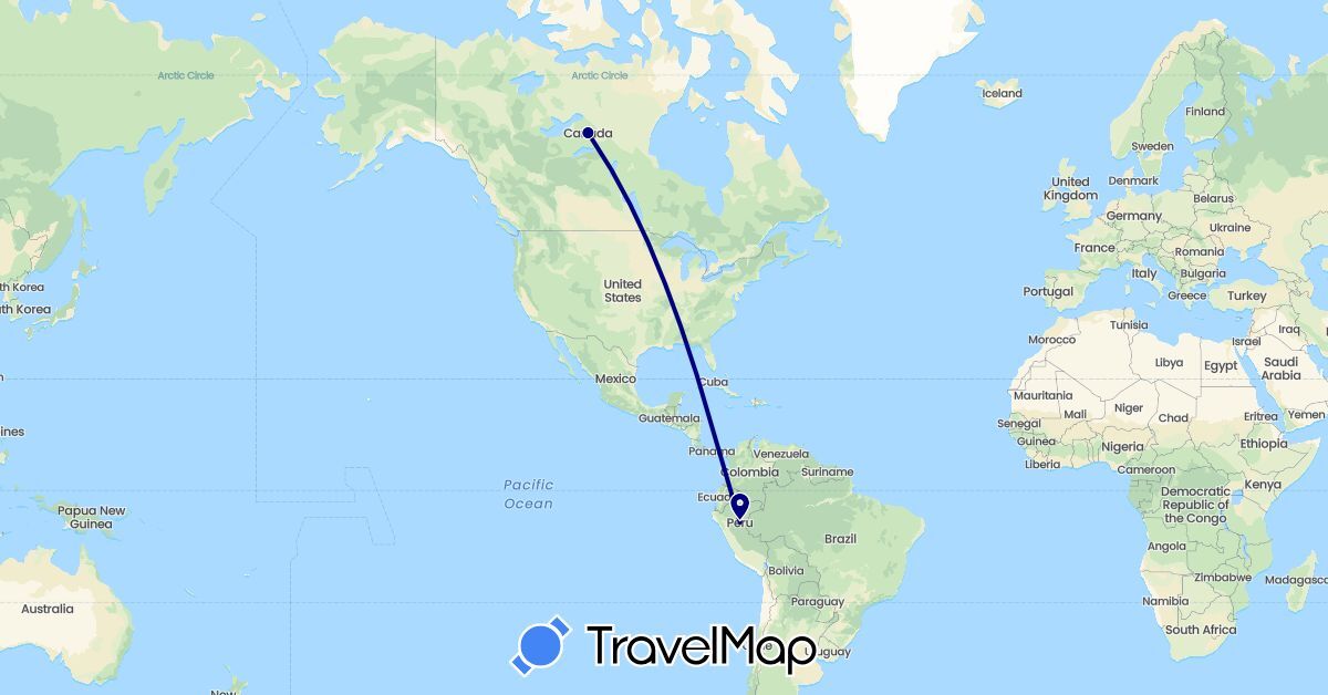 TravelMap itinerary: driving in Canada, Peru (North America, South America)
